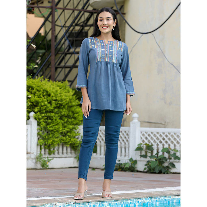 KAAJH Light Blue Embroidered Cotton Tunic