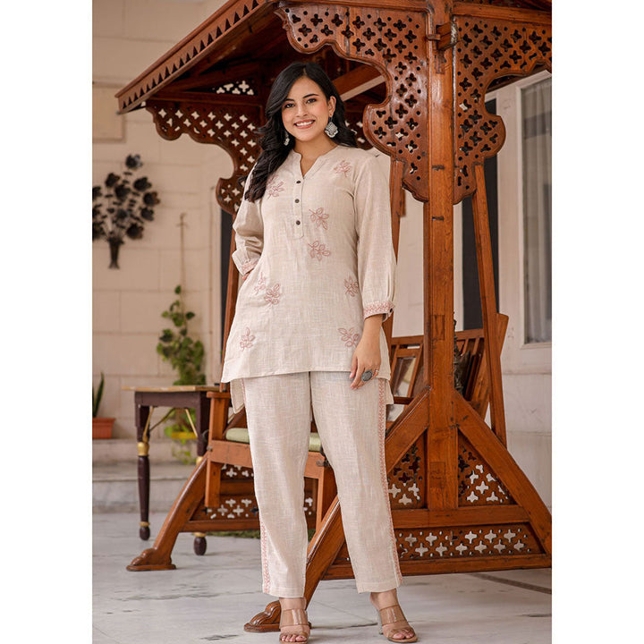 KAAJH Beige Thread Embroidered Cotton Co-Ord (Set of 2)