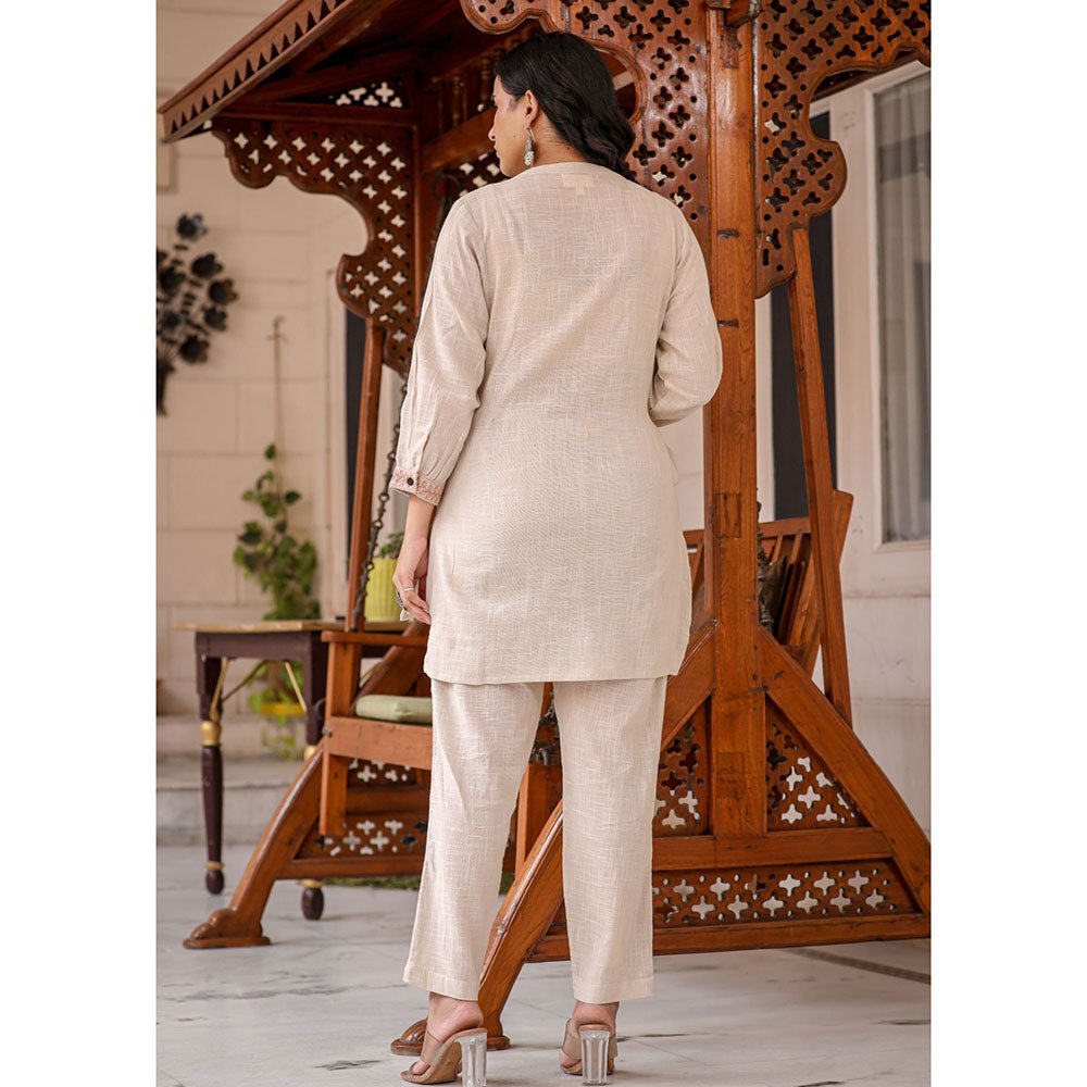 KAAJH Beige Thread Embroidered Cotton Co-Ord (Set of 2)