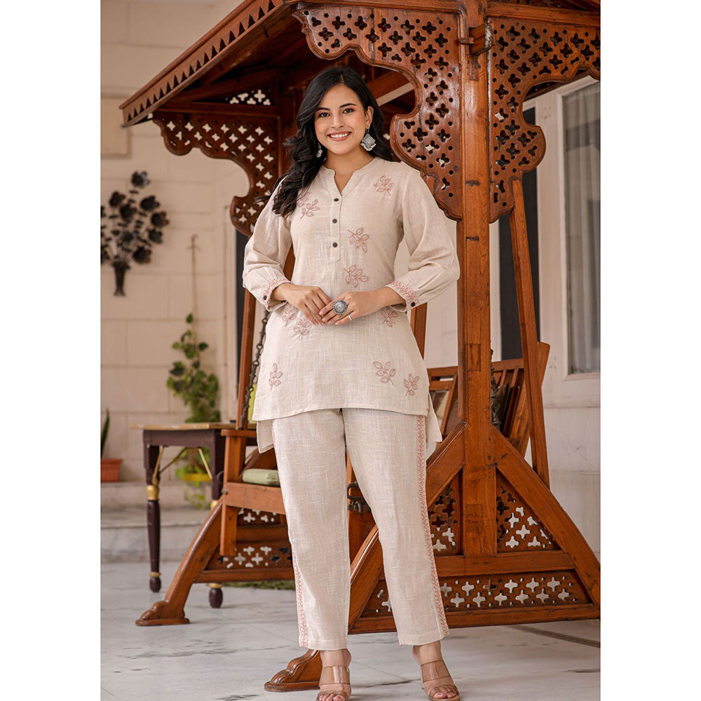 KAAJH Beige Thread Embroidered Cotton Co-Ord (Set of 2)