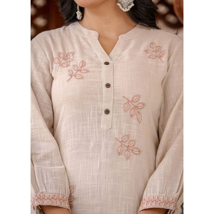 KAAJH Beige Thread Embroidered Cotton Co-Ord (Set of 2)