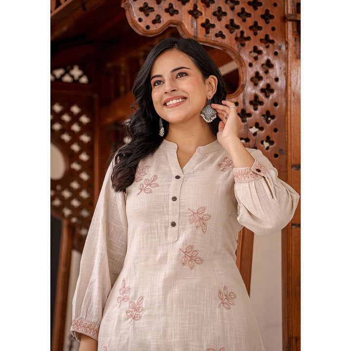 KAAJH Beige Thread Embroidered Cotton Co-Ord (Set of 2)