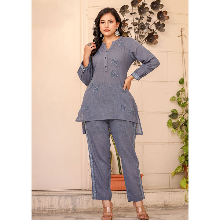 KAAJH Light Blue Thread Embroidered Cotton Co-Ord (Set of 2)