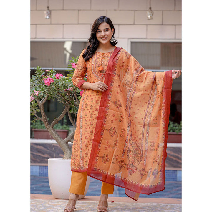 KAAJH Orange Digital Print Chanderi Kurta Pant With Dupatta (Set of 3)