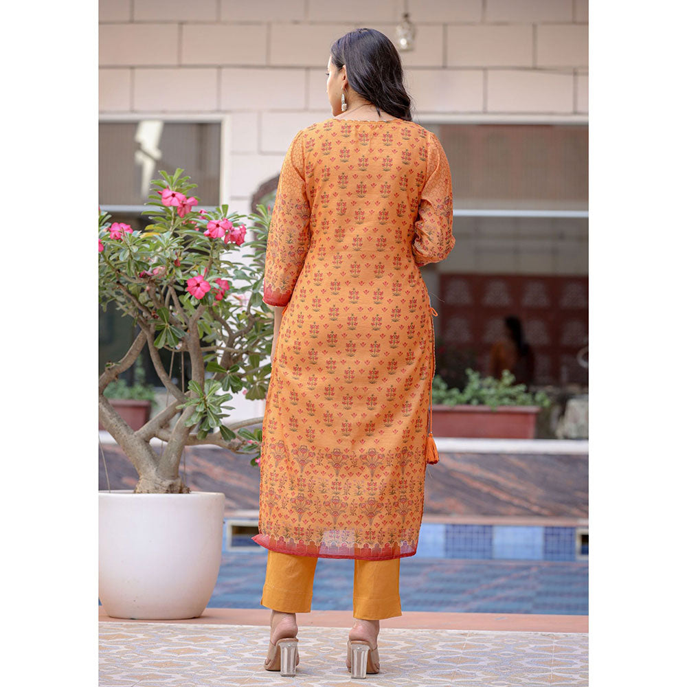 KAAJH Orange Digital Print Chanderi Kurta Pant With Dupatta (Set of 3)