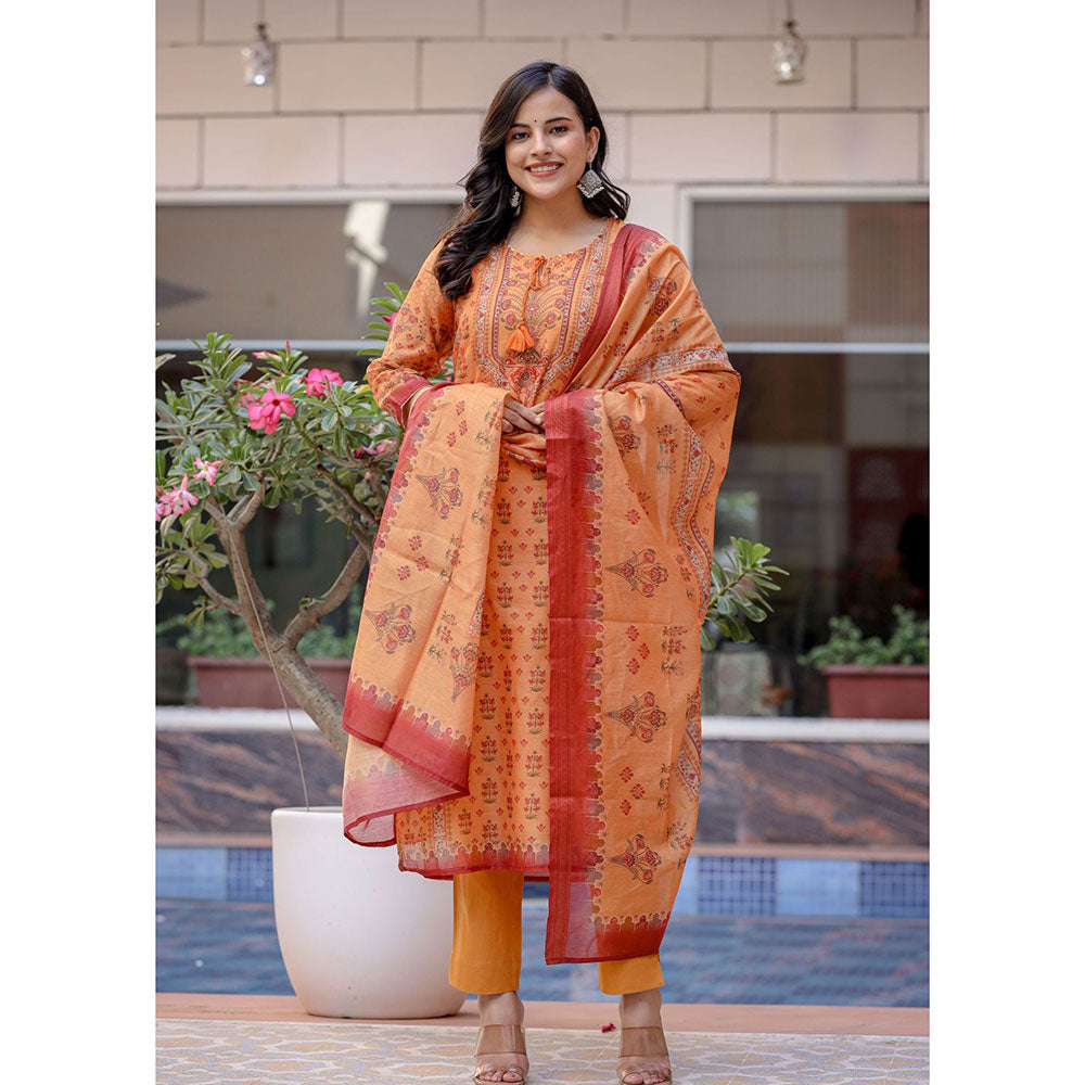 KAAJH Orange Digital Print Chanderi Kurta Pant With Dupatta (Set of 3)