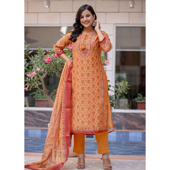 KAAJH Orange Digital Print Chanderi Kurta Pant With Dupatta (Set of 3)