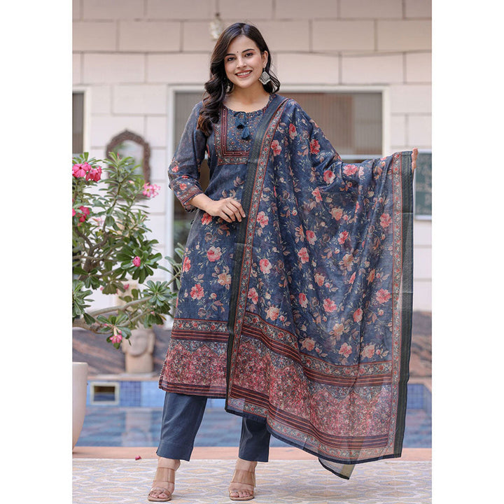 KAAJH Navy Blue Digital Print Flora Chanderi Kurta Pant With Dupatta (Set of 3)