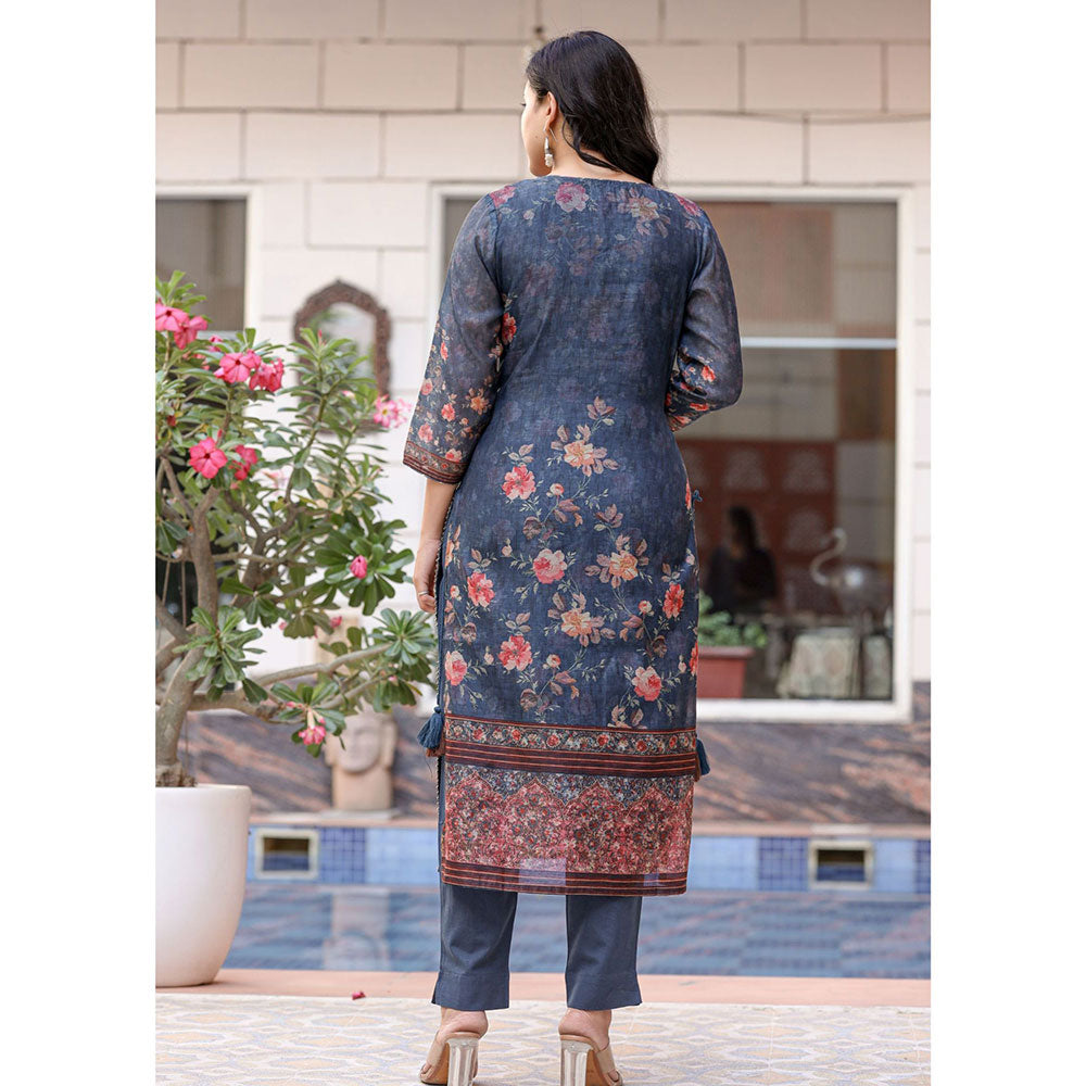 KAAJH Navy Blue Digital Print Flora Chanderi Kurta Pant With Dupatta (Set of 3)