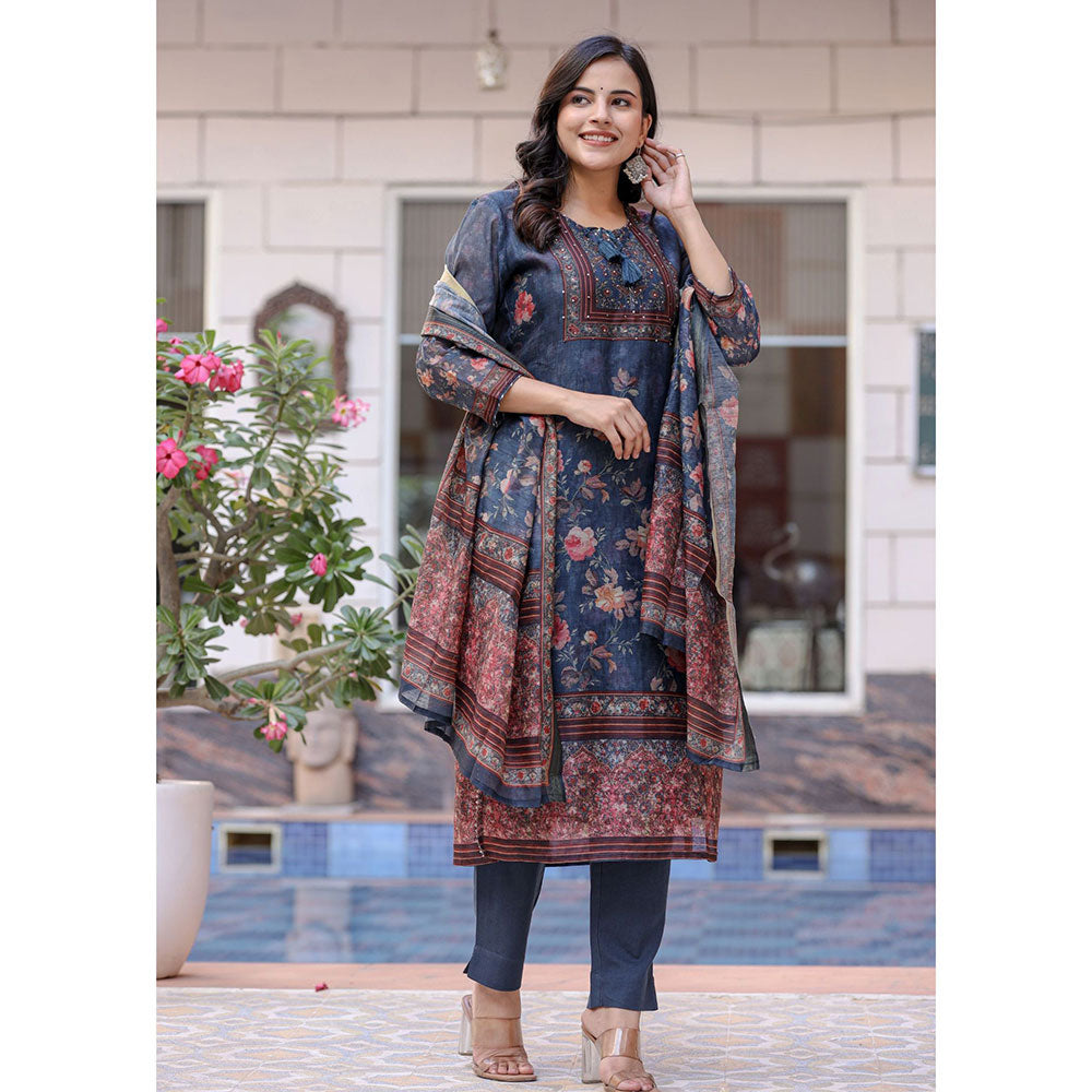 KAAJH Navy Blue Digital Print Flora Chanderi Kurta Pant With Dupatta (Set of 3)