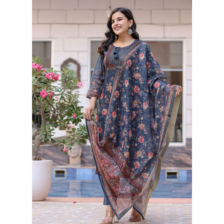 KAAJH Navy Blue Digital Print Flora Chanderi Kurta Pant With Dupatta (Set of 3)