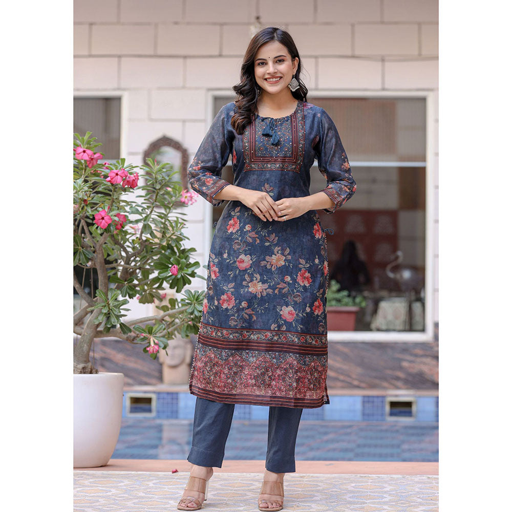 KAAJH Navy Blue Digital Print Flora Chanderi Kurta Pant With Dupatta (Set of 3)