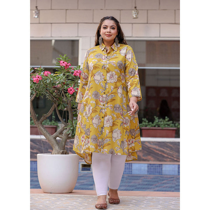 KAAJH Yellow Floral Print Plus Size Cotton Kurta