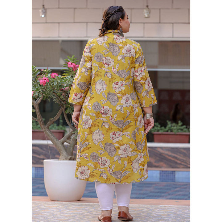 KAAJH Yellow Floral Print Plus Size Cotton Kurta