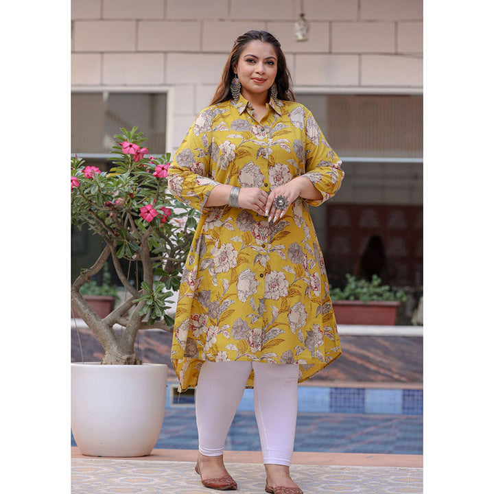 KAAJH Yellow Floral Print Plus Size Cotton Kurta