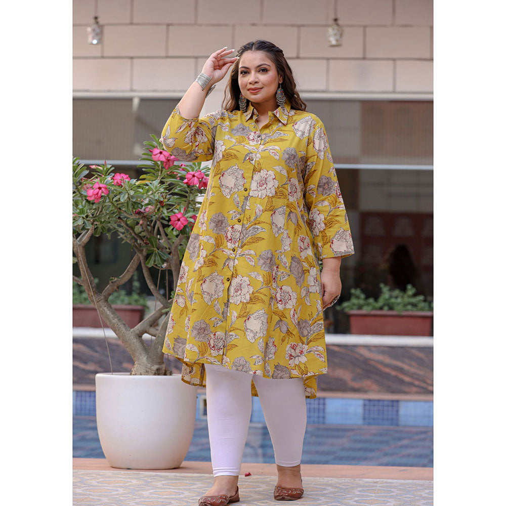 KAAJH Yellow Floral Print Plus Size Cotton Kurta