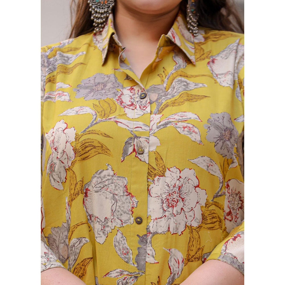 KAAJH Yellow Floral Print Plus Size Cotton Kurta