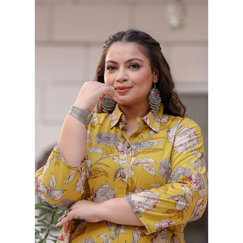 KAAJH Yellow Floral Print Plus Size Cotton Kurta