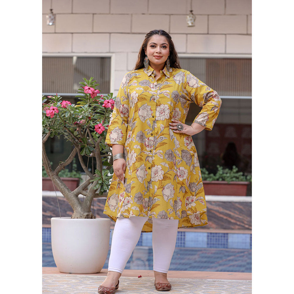 KAAJH Yellow Floral Print Plus Size Cotton Kurta