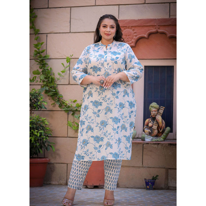 KAAJH Plus Size Blue Floral Print Cotton Kurta and Pant (Set of 2)