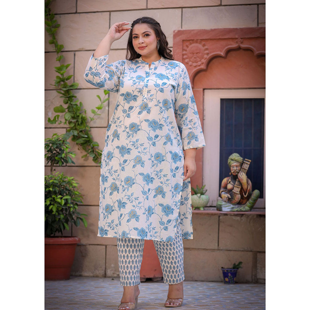 KAAJH Plus Size Blue Floral Print Cotton Kurta and Pant (Set of 2)