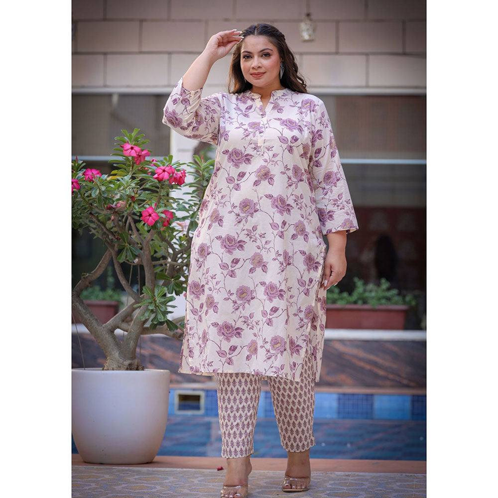 KAAJH Plus Size Purple Floral Print Cotton Kurta and Pant (Set of 2)