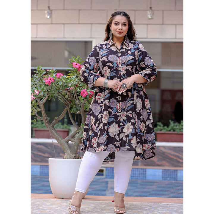 KAAJH Black Floral Print Plus Size Cotton Kurta