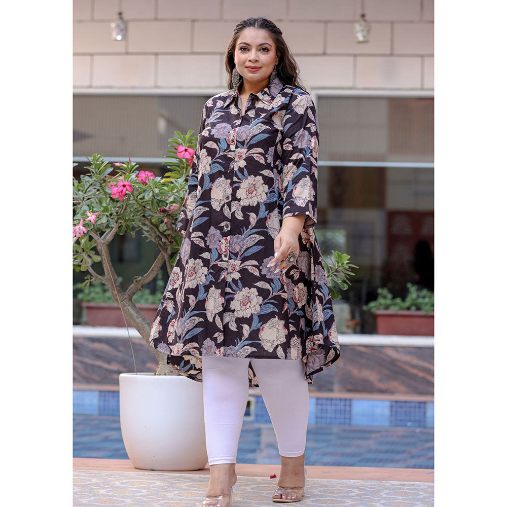 KAAJH Black Floral Print Plus Size Cotton Kurta