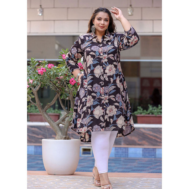 KAAJH Black Floral Print Plus Size Cotton Kurta