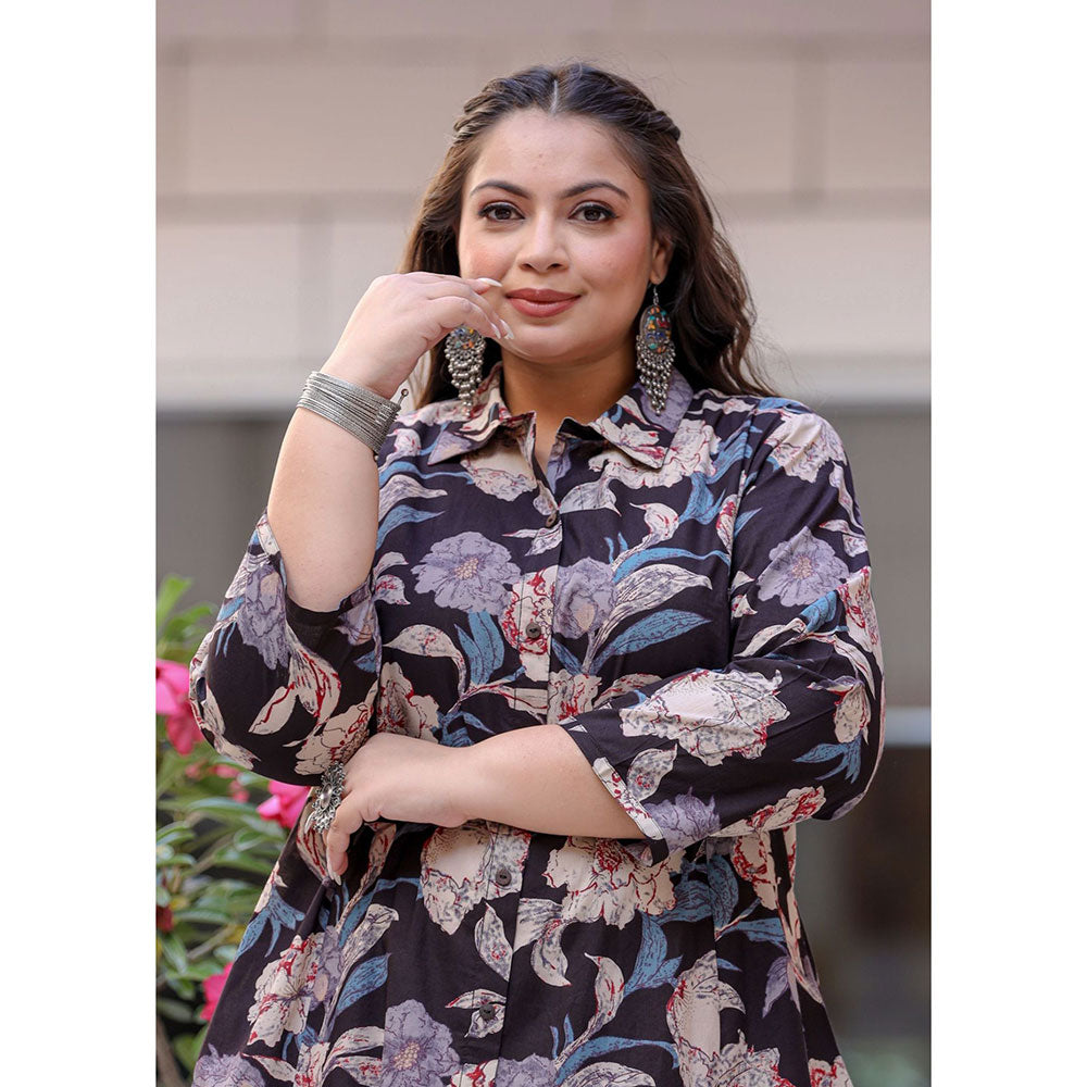 KAAJH Black Floral Print Plus Size Cotton Kurta