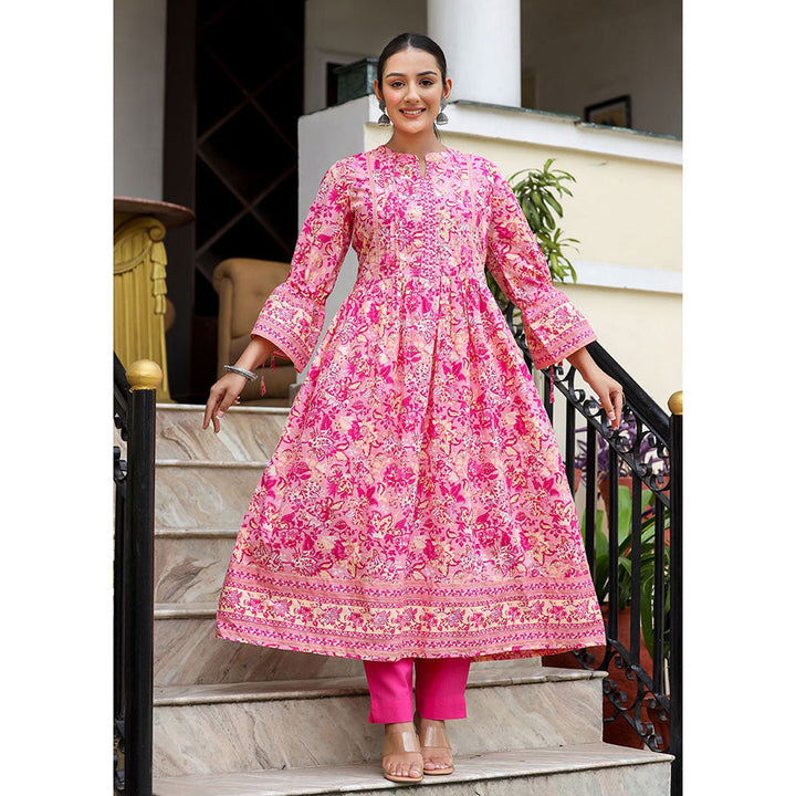 KAAJH Pink Floral Print Cotton Kurta and Pant (Set of 2)