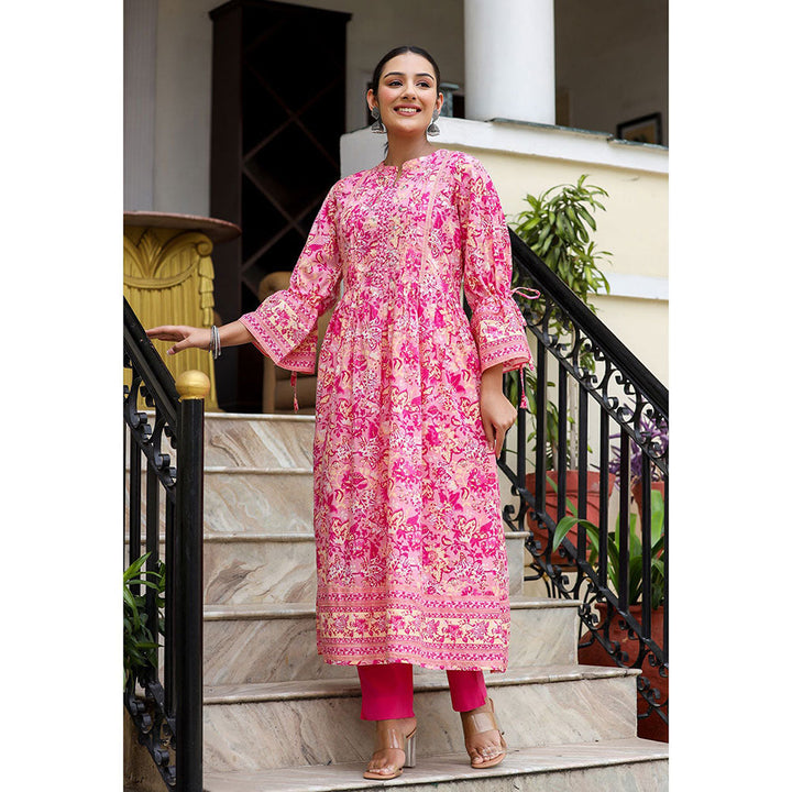 KAAJH Pink Floral Print Cotton Kurta and Pant (Set of 2)