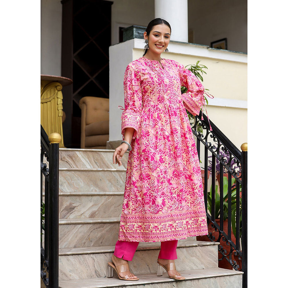 KAAJH Pink Floral Print Cotton Kurta and Pant (Set of 2)