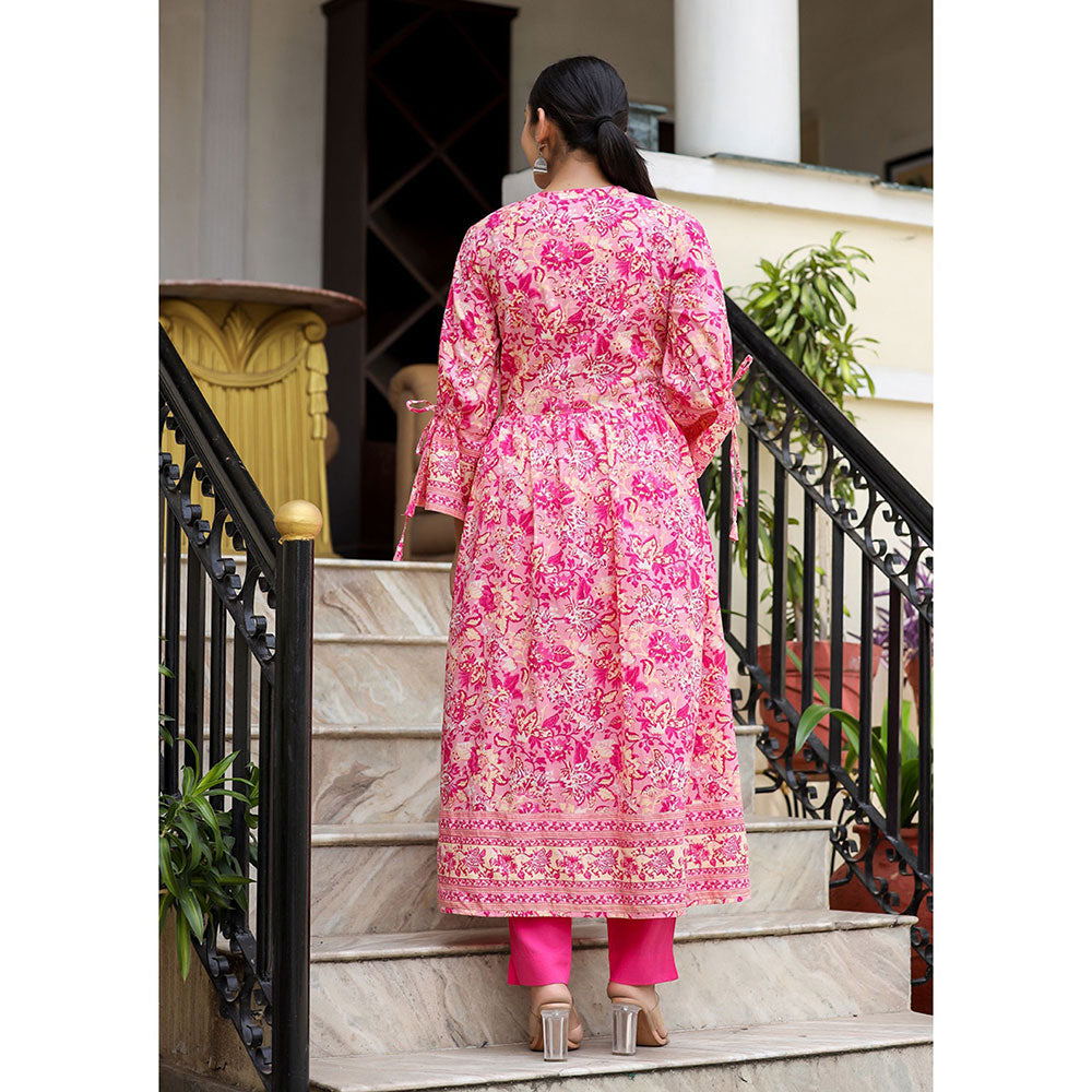 KAAJH Pink Floral Print Cotton Kurta and Pant (Set of 2)