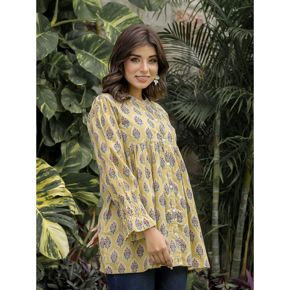 KAAJH Yellow Cotton Floral Tunic