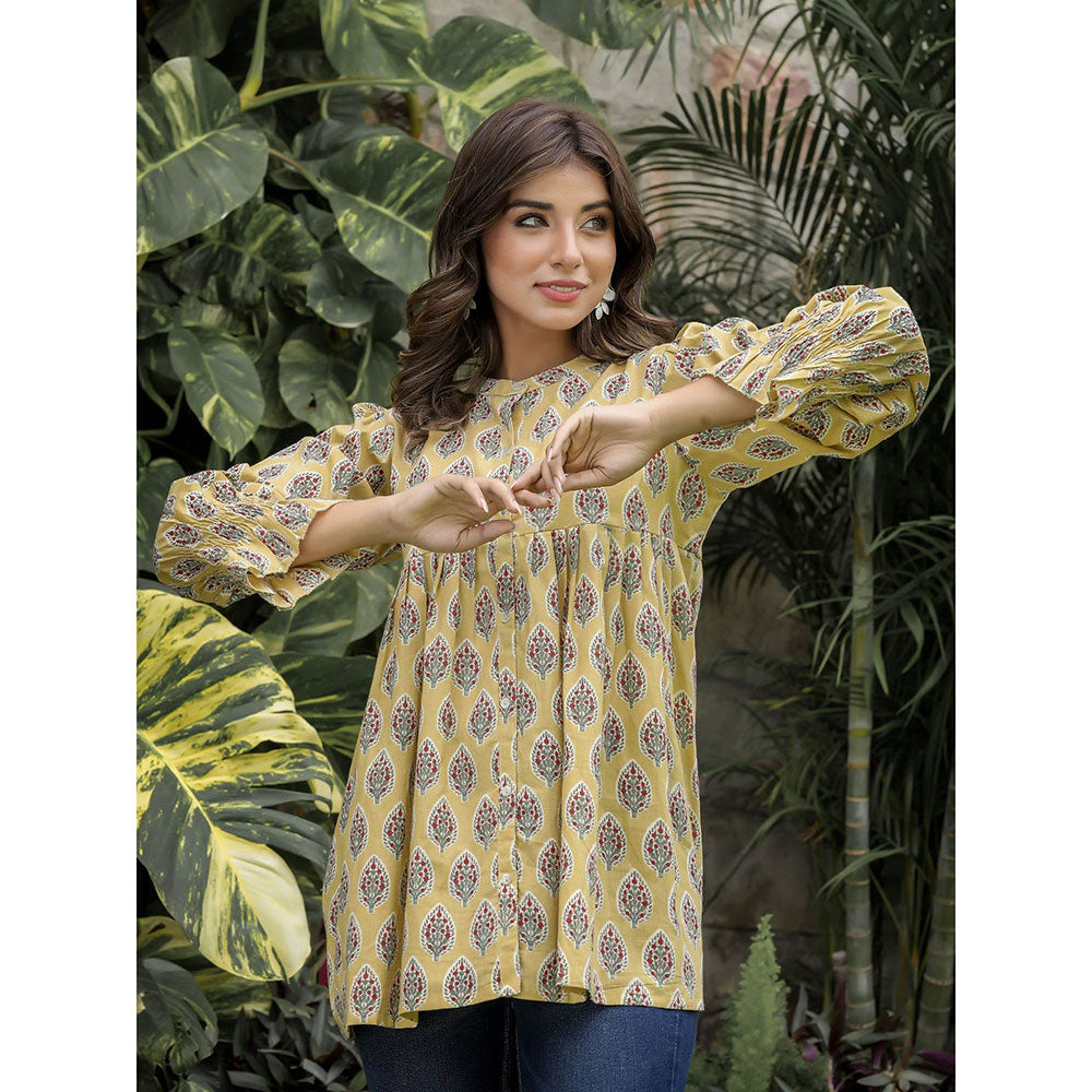 KAAJH Yellow Cotton Floral Tunic