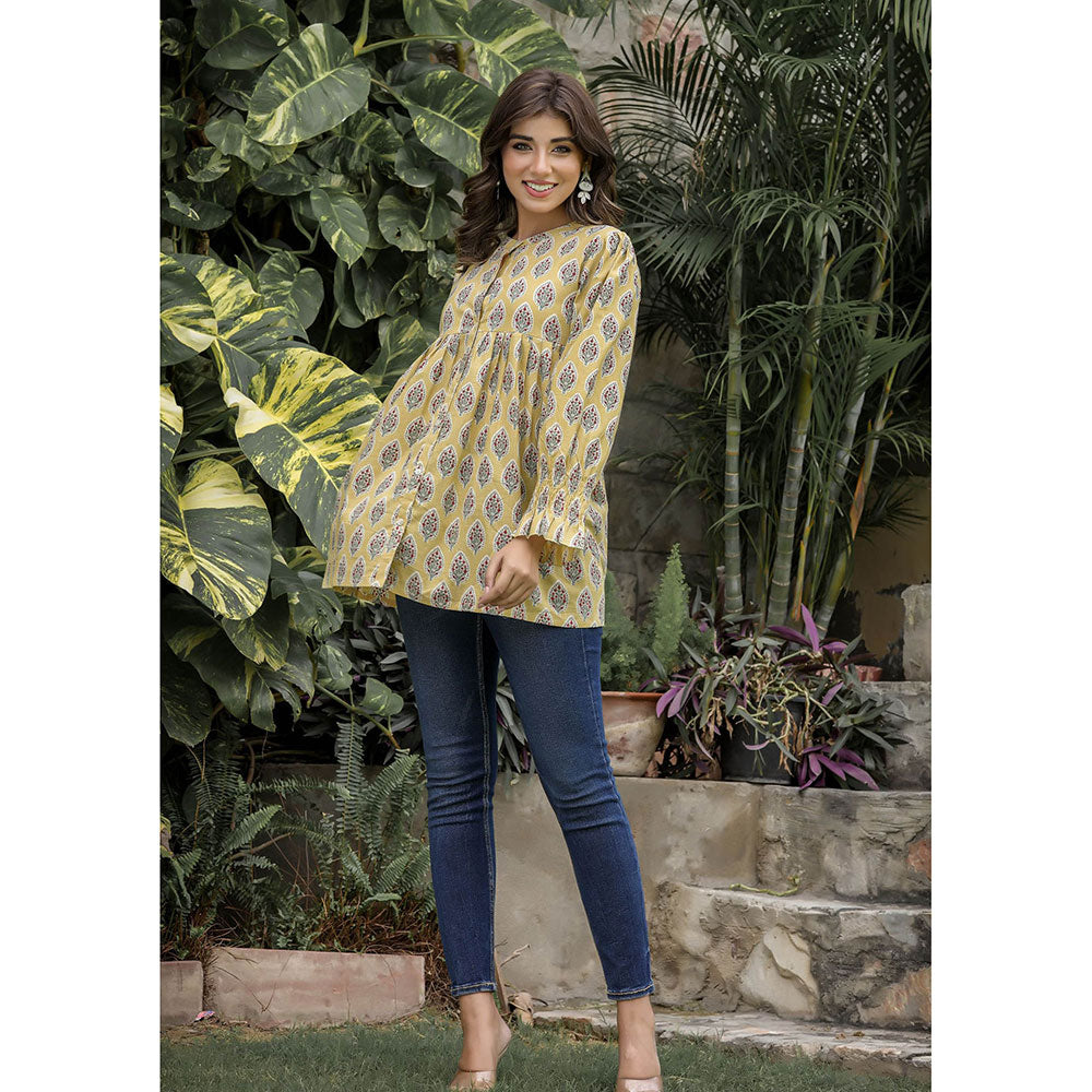 KAAJH Yellow Cotton Floral Tunic