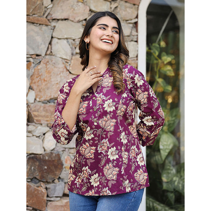 KAAJH Purple Floral Printed Cotton Tunic