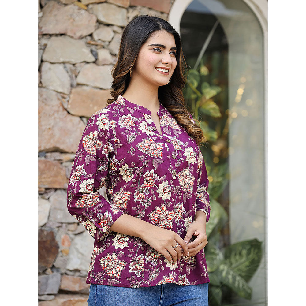 KAAJH Purple Floral Printed Cotton Tunic