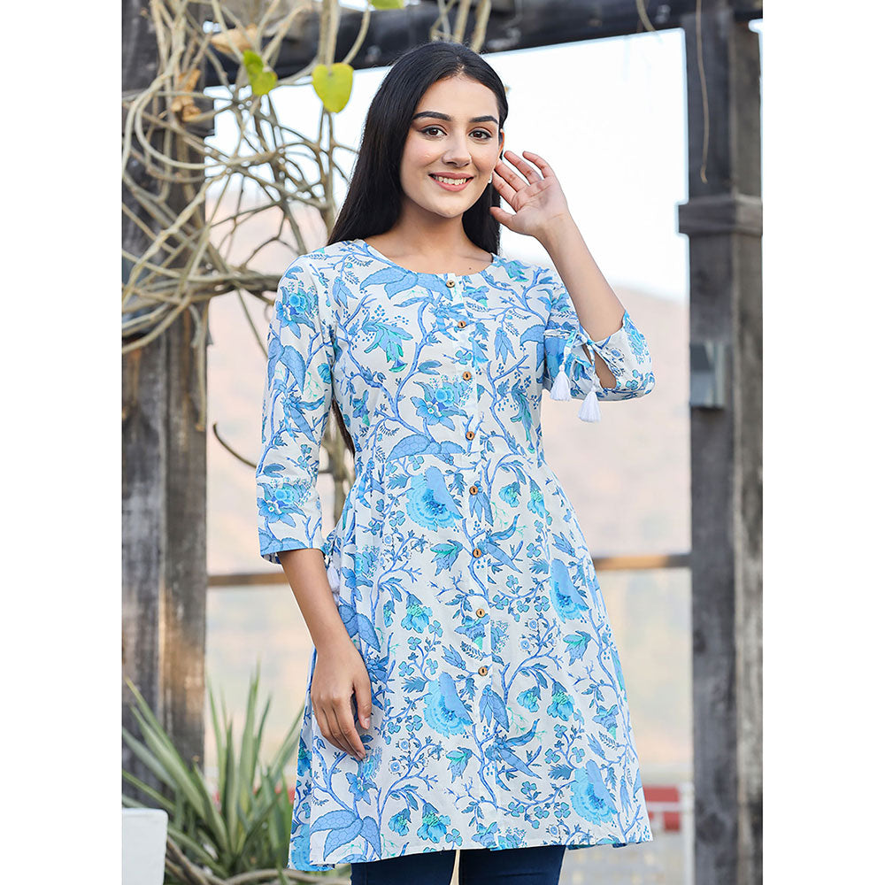 KAAJH Sky Blue Floral Printed Cotton Tunic