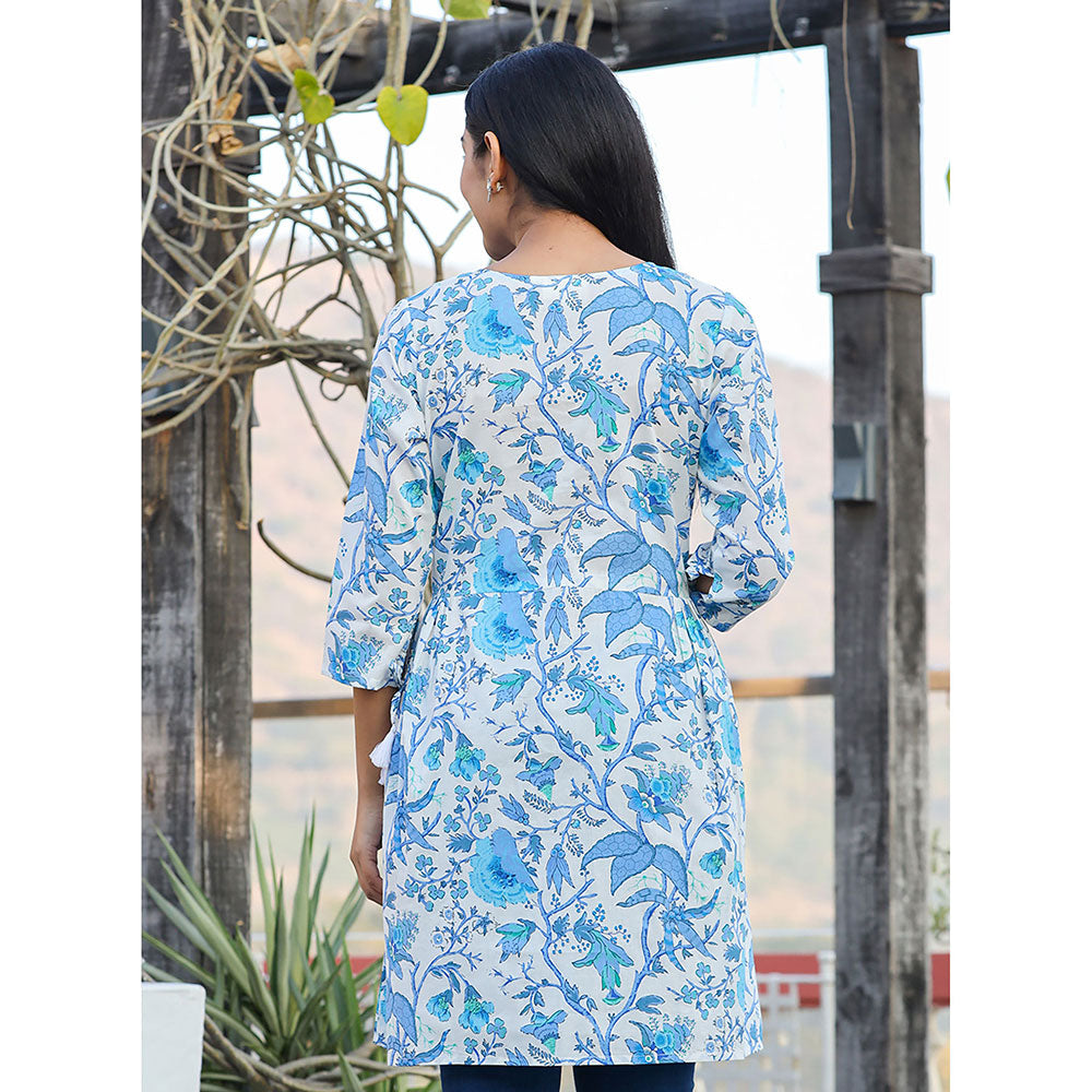 KAAJH Sky Blue Floral Printed Cotton Tunic