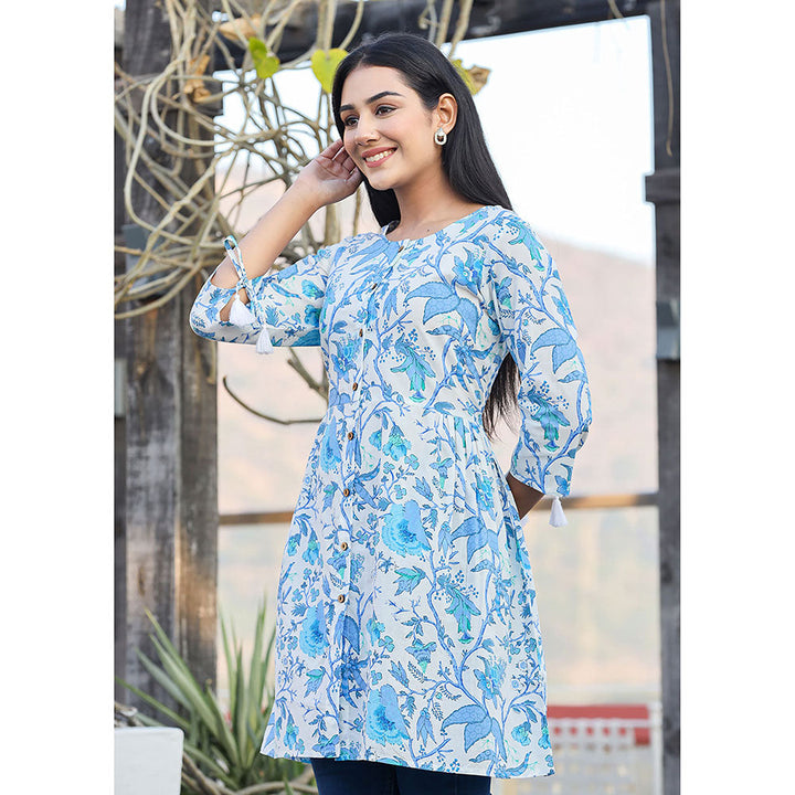 KAAJH Sky Blue Floral Printed Cotton Tunic