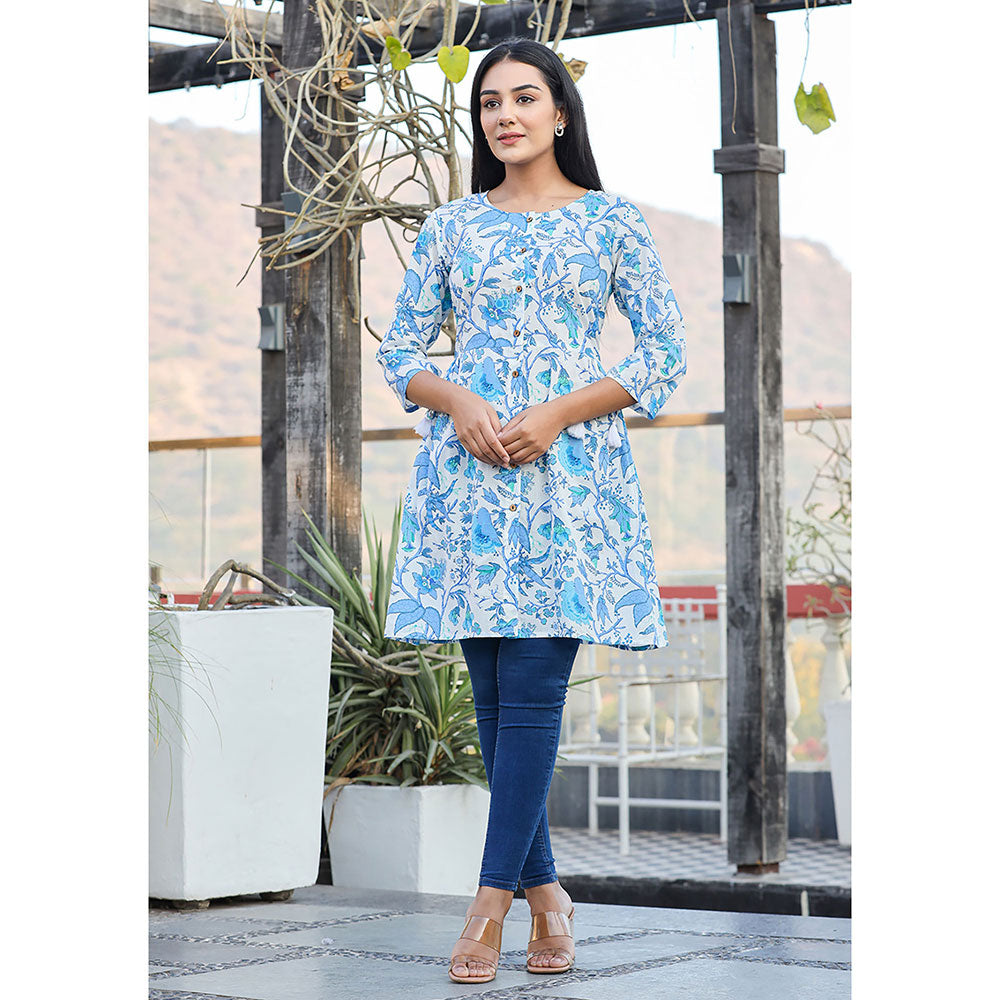 KAAJH Sky Blue Floral Printed Cotton Tunic