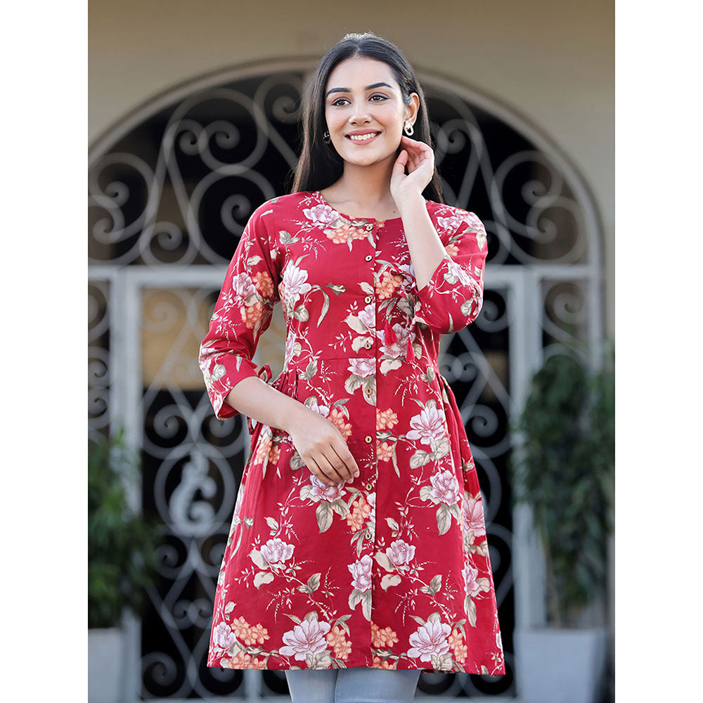 KAAJH Maroon Floral Printed Cotton Tunic