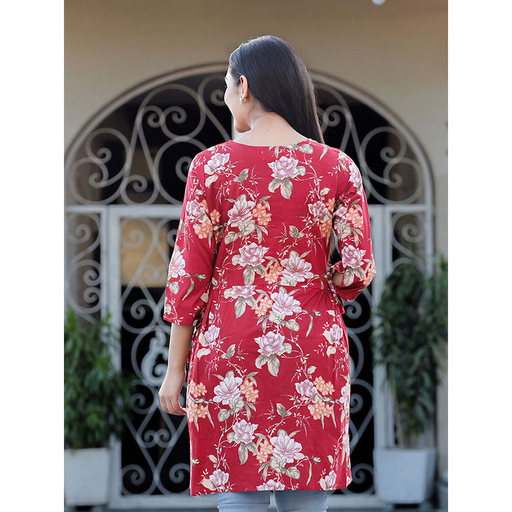 KAAJH Maroon Floral Printed Cotton Tunic