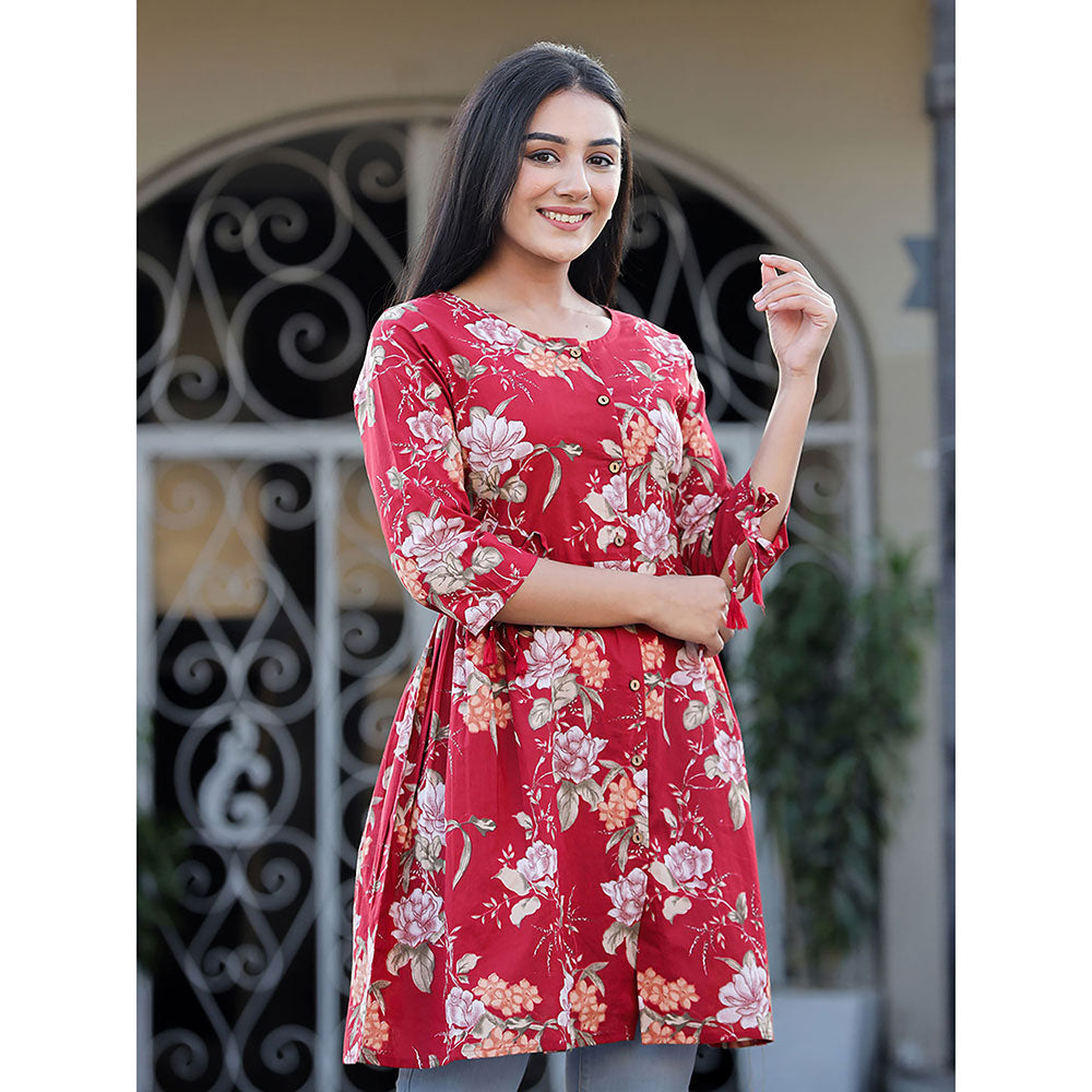 KAAJH Maroon Floral Printed Cotton Tunic