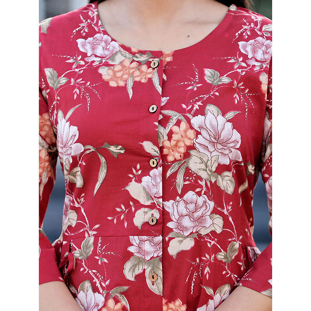 KAAJH Maroon Floral Printed Cotton Tunic