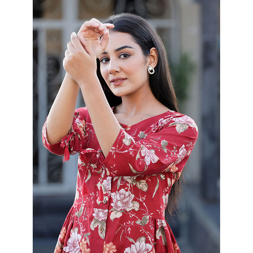 KAAJH Maroon Floral Printed Cotton Tunic