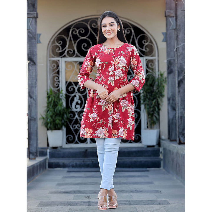 KAAJH Maroon Floral Printed Cotton Tunic