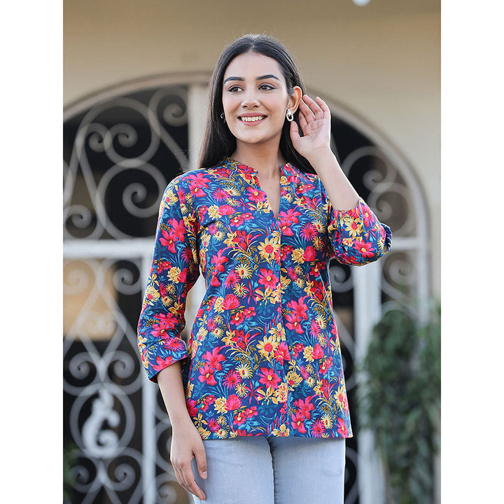 KAAJH Blue Multi-coloured Floral Print Cotton Tunic